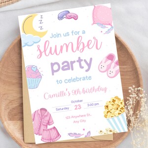 Slumber Birthday Party Pajama Party Invitation Sleepover Birthday Invite Pink and Purple Girl Spa Teen Birthday Party Instant Download