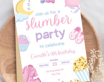 Slumber Birthday Party Pajama Party Invitation Sleepover Birthday Invite Pink and Purple Girl Spa Teen Birthday Party Instant Download