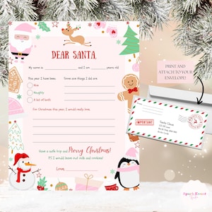 Carta a Papá Noel Plantilla imprimible Carta rosa a Papá Noel Papelería navideña Actividad navideña para niños Carta digital a Papá Noel Carta navideña
