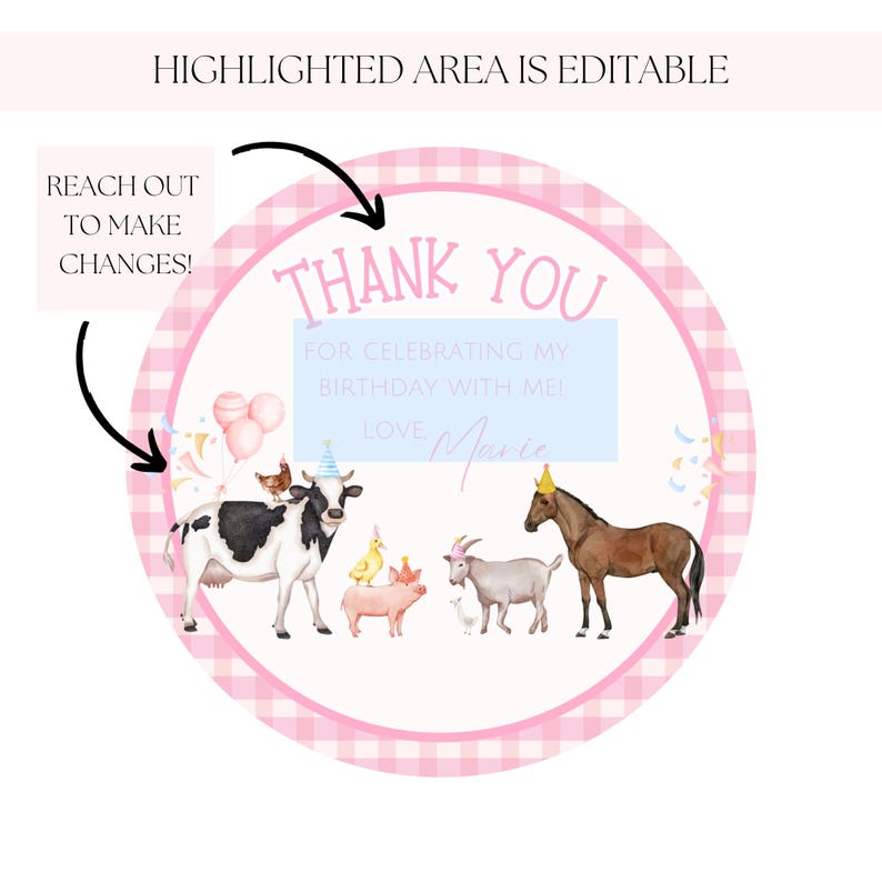 Editable Pink Farm Birthday Thank You Tags Girl Farm Animals Party Pink ...