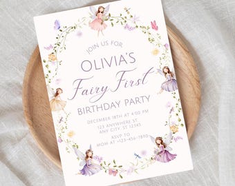 Fairy First Birthday Invitation Enchanted Garden 1st Birthday Invite Whimsical Fairy Party Girl Birthday Template Editable Download F7