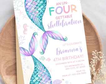 Mermaid Birthday Invitation Mermaid Party Under the Sea Birthday Un-four-gettable Shellebration Fourth Birthday Party Editable M8