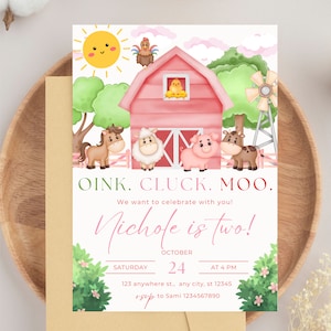 Farm Birthday Party Invitation, Barn Animals Birthday Party, Girl Farm Birthday, Barnyard, Farm Animal Birthday, Pink Farm Birthday Editable