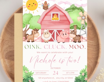 Farm Birthday Party Invitation, Barn Animals Birthday Party, Girl Farm Birthday, Barnyard, Farm Animal Birthday, Pink Farm Birthday Editable