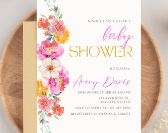 Citrus Baby Shower Invitation Orange Baby Brunch Bright Floral Citrus Baby Shower Invite Mediterranean Lemon Theme Lemon Baby Shower