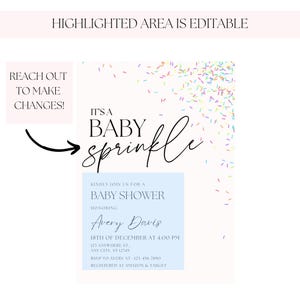 May include: A blue and white baby shower invitation with a sprinkle theme. The invitation says "It's a Baby Sprinkle" and includes the name Avery Davis, the date and time of the shower, and the address. It also includes the RSVP information and where the guest of honor is registered.
