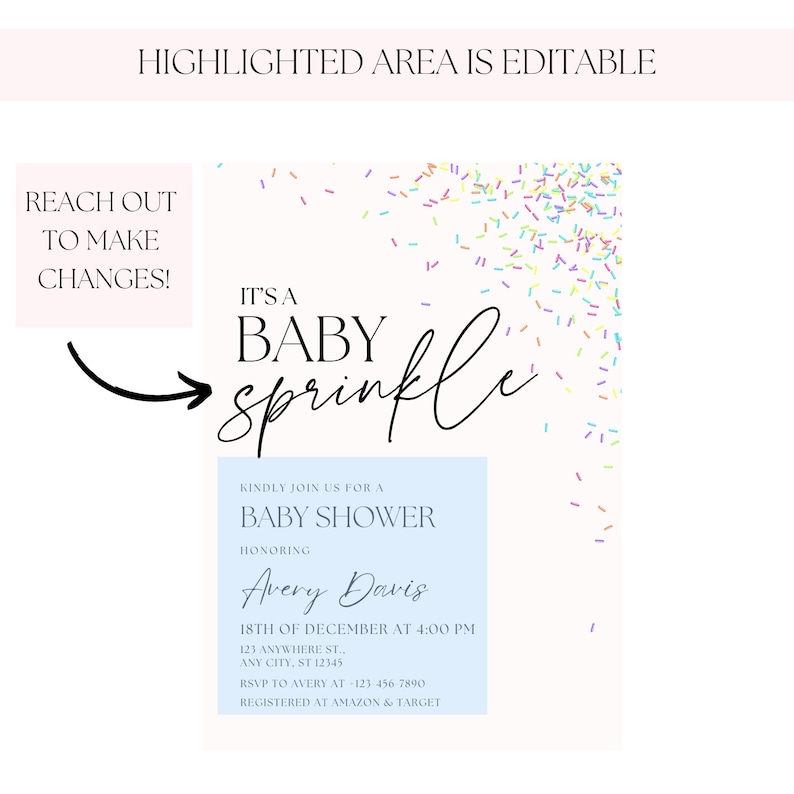 May include: A blue and white baby shower invitation with a sprinkle theme. The invitation says "It's a Baby Sprinkle" and includes the name Avery Davis, the date and time of the shower, and the address. It also includes the RSVP information and where the guest of honor is registered.