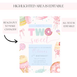 May include: A pastel-colored birthday invitation with the text "She's Two Sweet." The design includes illustrations of sweets like donuts, ice cream, and lollipops. The invitation includes editable text for the party details.