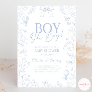 Invito per baby shower Toile de Jouy Tema orsetto blu polvere Invito per baby shower floreale per bambino Invito per baby shower modificabile