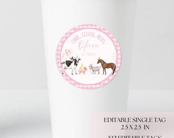 Editable Pink Farm Birthday Stickers Farm Birthday Tags Girl Farm Animals Party Pink Barnyard Birthday Party Favor Gift Tag Cup Stickers FA4