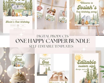 ONE Happy Camper Bundle First Birthday Invite Camping Birthday Forest Themed Woodland Animal Birthday Invitation Package Digital Download