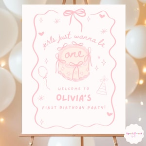 Cartello di benvenuto "Le ragazze vogliono solo essere una" per la prima festa di compleanno, decorazione per bambina con fiocco, poster retrò vintage con scarabocchio per il primo compleanno.