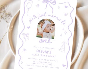 Girls Just Wanna Be One Purple Birthday Invitation 1st Birthday Invite Photo Birthday Bow Theme Retro Doodle Invite