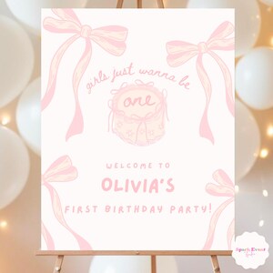 Cartello di benvenuto per il primo compleanno delle ragazze, poster retrò per la festa del primo compleanno, scarabocchio rosa, cartello per il primo compleanno, fiocco per il compleanno
