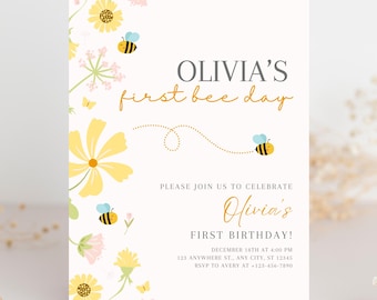 Bee Birthday Invitation Sweet to Bee One Invite Bee Day Party First Birthday Invite Cute Bumble Bee Theme Editable Template