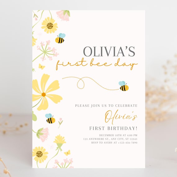 Bee Birthday Invitation Sweet to Bee One Invite Bee Day Party First Birthday Invite Cute Bumble Bee Theme Editable Template