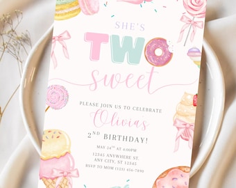 Two Sweet Birthday Invitation Girl Second Birthday Dessert Theme Invite Candy Donut Ice Cream Sweets Party Editable 2nd Birthday Canva