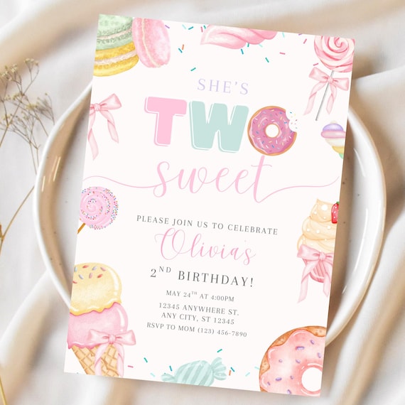 Two Sweet Birthday Invitation Girl Second Birthday Dessert Theme Invite Candy Donut Ice Cream Sweets Party Editable 2nd Birthday Canva