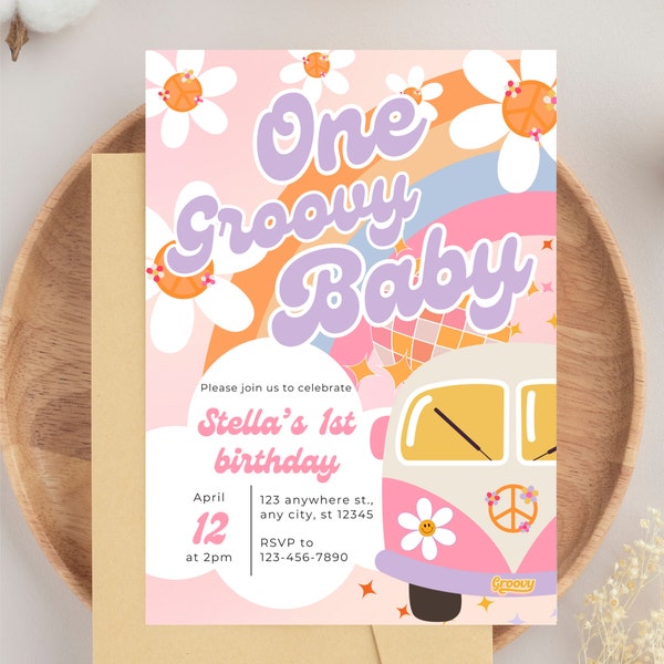 One Groovy Baby Birthday Party Invitation Boho Retro Groovy Hippie Birthday Daisy Groovy One First Birthday Editable Invite BP542