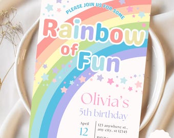Editable Rainbow Birthday Invitation Pastel Rainbow Invite Kids Party Invite Whimsical Rainbow Theme Printable Digital Download