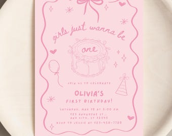 Girls Just Wanna Be One Birthday Invitation First Birthday Invite Girl Bow Birthday Invite Vintage Retro Birthday Doodle Invite 1st Birthday