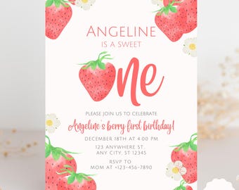 May include: A pink and white birthday invitation with a watercolor illustration of strawberries and flowers. The text reads "Angeline is a sweet one. Please join us to celebrate Angeline's berry first birthday! December 18th at 4:00 PM 123 Anywhere St., Any City, ST 12345. RSVP to Mom at +123-456-7890"