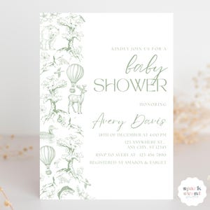 Toile de Jouy Baby Shower Invitation Sage Green Baby Shower Invite Forest Baby Shower Floral Baby Shower Forest Animal Invite Editable