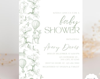 Toile de Jouy Baby Shower Invitation Sage Green Baby Shower Invite Forest Baby Shower Floral Baby Shower Forest Animal Invite Editable