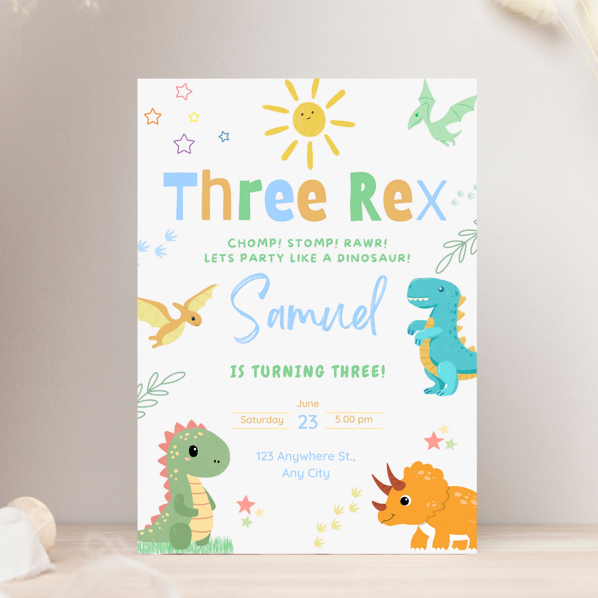Dinosaur Birthday Party Invitation Dinosaur Three Rex Third Birthday ...