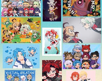 Może przedstawiać: Kolaż różnych ilustracji w stylu anime przedstawiających wiele postaci w kolorowych strojach, dynamicznych pozach i z wyrazistą mimiką. Grafika zawiera napisy takie jak 'CCAT MADNESS' i 'VIRTUAL VACATION' oraz postacie w stylu chibi.