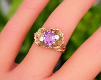 Estate RESCO  10K  Purple  Sapphire & White Topaz Ring Cocktail Ring Size 6.25