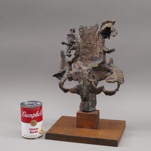 Mid Century Modernist Artisan Signed Abstract Brutalist Metal Bronze Sculpture