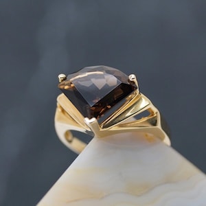 Stunning 14K Gold Smokey Quartz Large Faceted Modern Cocktail Ring 3 + TCW