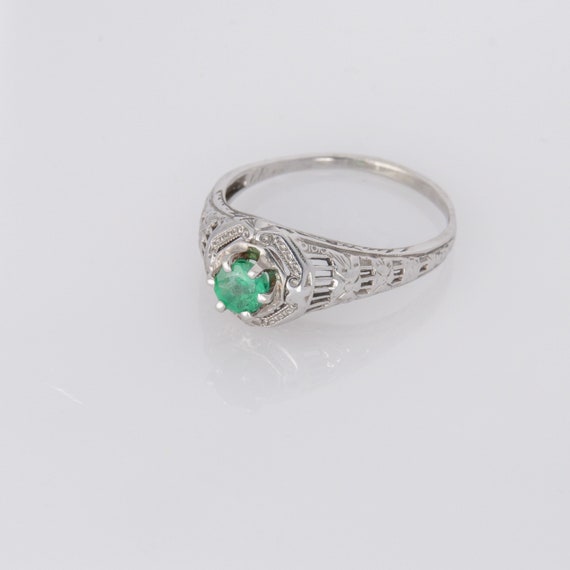 14K White Gold Filigree Green Stone Vintage Ring … - image 3