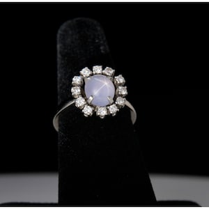 14K White Gold Natural Gray Star Sapphire & Diamond Halo Ring Fine Estate