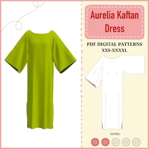 Może przedstawiać: Cyfrowy wzór szycia na sukienkę Aurelia Kaftan, pokazany w kolorze zielonym. Wzór jest dostępny w rozmiarach XXS-XXXXL i jest oceniany jako łatwy projekt szycia. Obraz przedstawia zieloną sukienkę z okrągłym dekoltem i krótkimi rękawami.