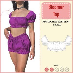 Puede incluir: Un conjunto de dos piezas de color púrpura, con un top corto con mangas abullonadas y bloomers a juego. El conjunto está hecho de una tela texturizada. La imagen también incluye un diagrama del top y el texto "Bloomer Top" y "PDF Digital Patterns S-XXXL".