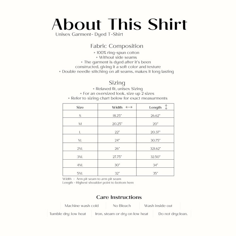 以下が含まれることがあります： ユニセックスの染色Tシャツのサイズ表で、インチで測定されています。表には、Sから5XLまでのサイズ幅と長さの測定値が示されています。お手入れ方法には、冷水で洗濯機洗い、漂白剤不可、低温乾燥機、低温アイロンまたはスチーム、ドライクリーニング不可が含まれます。