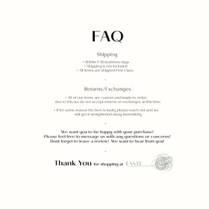 以下が含まれることがあります： 配送、返品、交換に関する情報を掲載したFAQページ。お客様にレビュー投稿を促すメッセージも記載されています。ページ下部には「TASTEでお買い上げいただきありがとうございます」というテキストが表示されています。