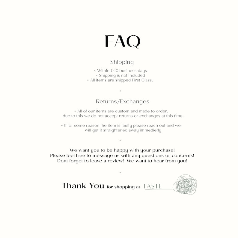 以下が含まれることがあります： 配送、返品、交換に関する情報を掲載したFAQページ。お客様にレビュー投稿を促すメッセージも記載されています。ページ下部には「TASTEでお買い上げいただきありがとうございます」というテキストが表示されています。