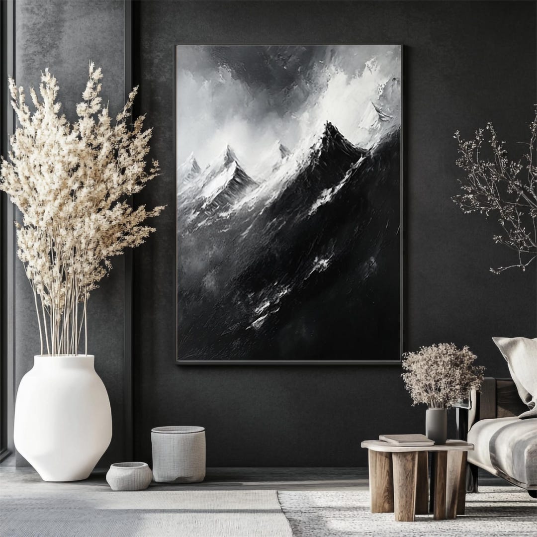 Black and White Abstract Mountains Painting, Large Canvas Mountain ...