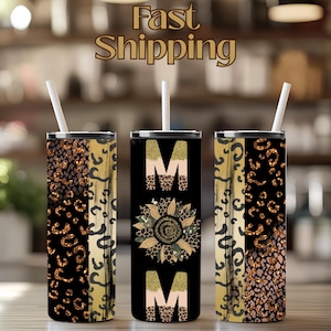 Tumbler Sunflower Mom Gold Cheetah Print T Design Stainless Steel Drink Wear Gift Idea for Mom Birthday Gift Cold Drinkware Monogram Design