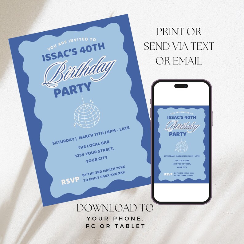 40th Birthday Retro Wavy Border Invitation, Blue Boy Man Milestone ...