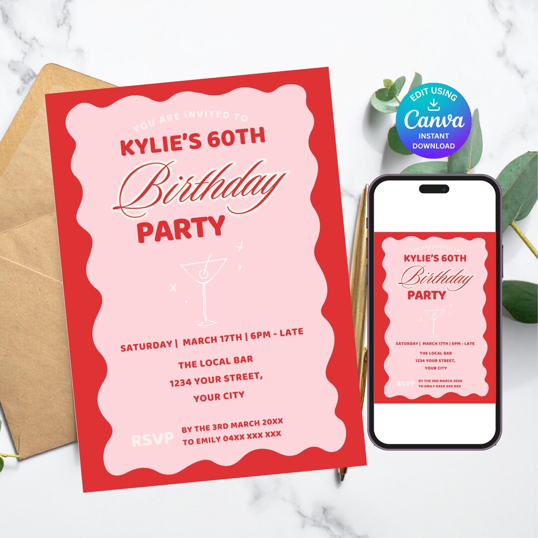 60th Birthday Pink Red Wavy Invitation, Milestone Scalloped Border ...
