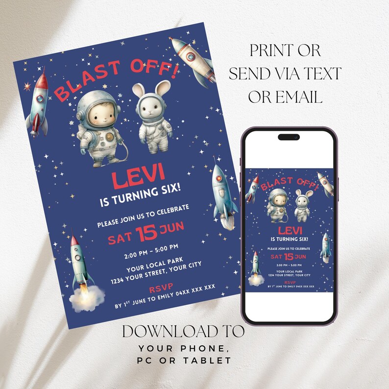 6th Birthday Rocket Ship Party, Outer Space Boy Invitation, Blast off ...
