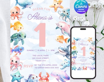 1st Birthday Under The Sea Pink Party Invitation, Canva Editable Ocean Fun Kids Birthday Invite, Girl Printable Download Template - S057