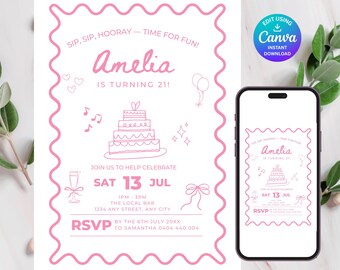 21st Birthday Coquette Invitation, Pink Illustrated Invite, Wavy Hand Drawn Cake, Bows Party, Editable Canva Digital Download - S088