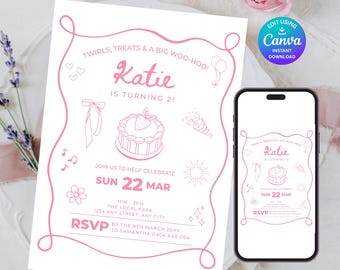 Invitation de 2e anniversaire de coquette rose, fête ondulée d'illustration de fille, deuxième invitation d'anniversaire, téléchargement numérique de toile modifiable, noeuds - S022