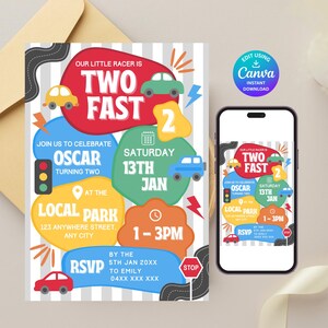 May include: A birthday invitation card featuring the text "OUR LITTLE RACER IS TWO FAST" with colorful organic shapes, cartoon cars, a traffic light, and a stop sign. The design includes event details for Oscar's second birthday party.