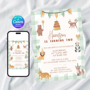May include: A birthday invitation with a watercolor animal theme. The invitation features a bear, monkey, panda, lion, tiger, and fox. The text reads "Harrison is turning two" and includes event details. A smartphone displays the same design.